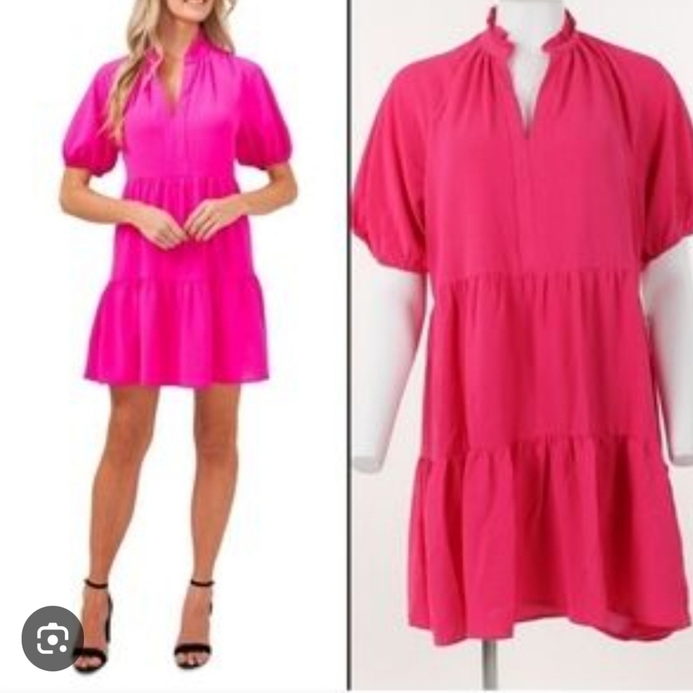 CECE Short Sleeve Tiered V-Neck Baby Doll Dress
